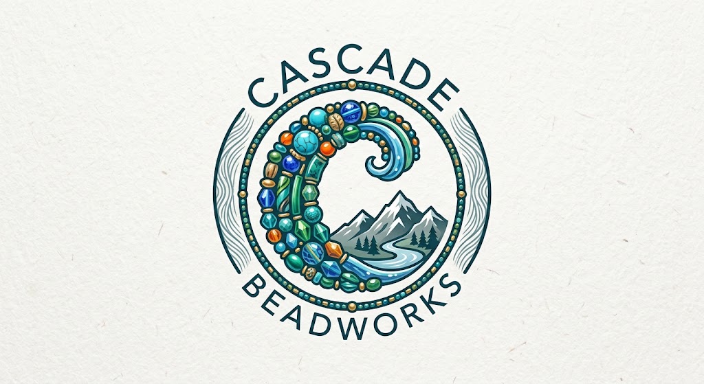 Cascade Beadworks logo featuring colorful beads and mountain scenery